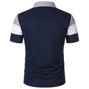 Detailed back view of navy blue polo shirt featuring striped sleeves and grey collar
