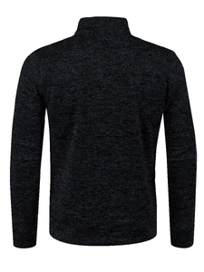 Detailed back view of dark grey heathered knit sweater with full zipper and stand collar