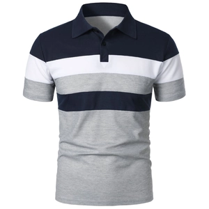 Men's polo shirt with navy, white and grey striped color block and ribbed collar design