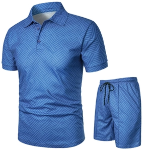 Detail of blue men's polo set with geometric waffle texture and drawstring waist