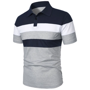 Detail of color-blocked short sleeve polo shirt with navy, white and grey paneling