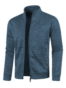 Detail of heather blue knitted cardigan with metal zipper and ribbed cuffs for men