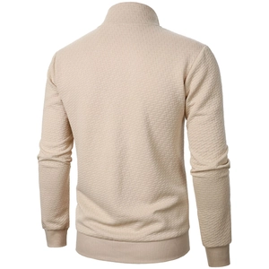 Detailed back view of beige men's jacket featuring 3D lattice texture and ribbed-knit cuffs