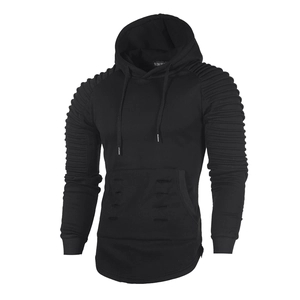 Men's Slim Fit Pleated Sleeve Hoodie British Style Solid Color Long Sleeve Sweatshirt With Kangaroo Pocket Curved Hem Top