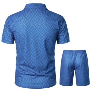 Detailed close-up of dark blue 3D geometric weave texture on men's polo and shorts set