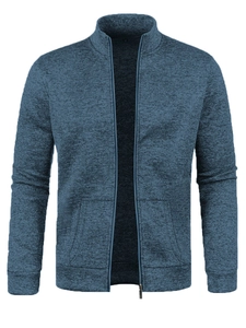 Detailed view of deep blue heathered knit texture and zipper on men's jacket