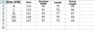 Detailed size chart for men's slim fit long sleeve shirt showing CM measurements