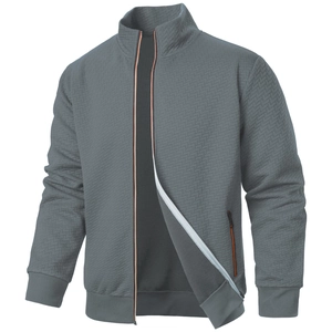 Men's grey stand collar jacket with textured jacquard knit and orange zipper accents