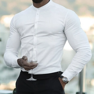 Detailed view of white slim fit mandarin collar shirt with fabric texture and white buttons