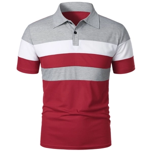 Men's polo shirt with grey white and red striped color block design on pique fabric