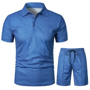 Detailed view of men's polo set featuring geometric prints and drawstring waistband