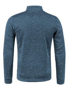 Back view of men's heather blue zip-up knit sweater with stand collar and ribbed hem