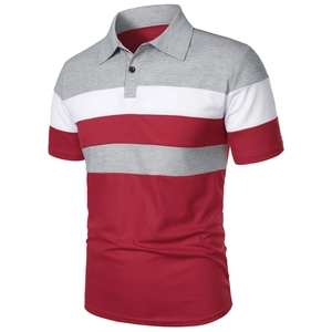 Detailed view of men's polo shirt with red, white, and grey striped color block pattern