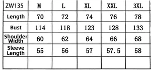Detailed size chart for men's striped knit sweater including chest and sleeve measurements