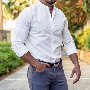 Detail of slim fit men's white stand collar shirt with matching buttons in nature