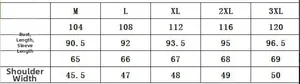 Detailed size chart for men's long sleeve top including chest, length, and sleeve measurements