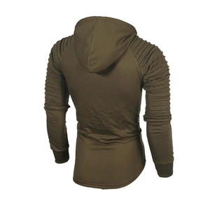 Detail of army green hoodie showing tactical ribbed pleats on shoulders and sleeve