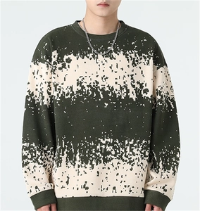 Detail of men's knitted sweater featuring pixelated camo pattern and ribbed neck collar