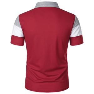 Rear view of men's burgundy polo shirt featuring grey collar and tricolor sleeve stripes