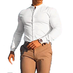 Close-up of men's slim-fit white long-sleeve shirt with stand collar and button-up front