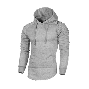 British style grey long sleeve slim hoodie for men with unique pleated sleeves and curved hem