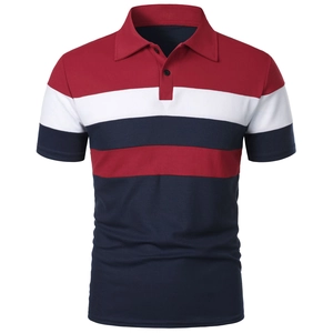 Men's polo shirt with stylish red, white, and navy blue block striped patterns and collar