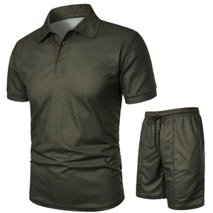 Detail of olive green polo set with geometric jacquard texture and drawcord shorts