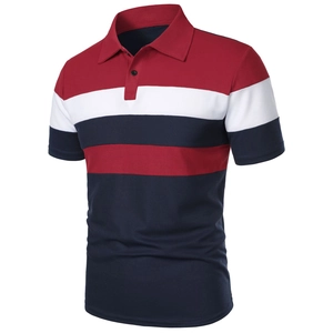 Detail of piqué cotton texture and contrast stripes on a red and navy polo shirt