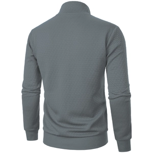 Back view of men's grey standing collar jacket with textured quilted knit and ribbed cuffs