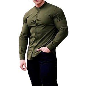 Detail view of olive green slim fit shirt with button-down collar and stretch fabric texture