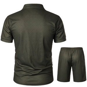 Detailed back view of men's olive polo set featuring premium geometric jacquard texture