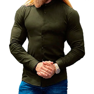 Detail of army green slim fit long sleeve shirt with mandarin collar for men