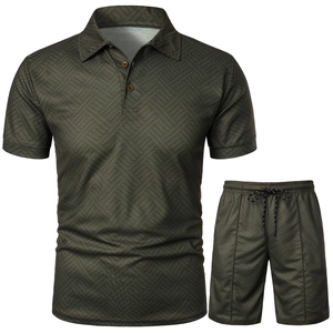 Detailed view of dark olive polo set featuring textured geometric fabric and drawstring shorts