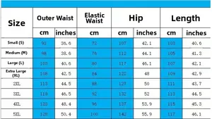 Size chart for linen cotton pants showing S to 5XL with waist and length in cm and inches