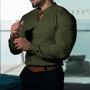 Close-up of army green slim fit long-sleeve shirt with band collar and button details