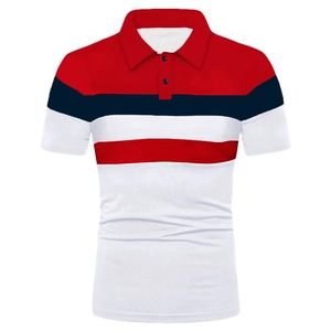 Close-up of short-sleeve polo shirt featuring red, blue and white striped pattern and red collar