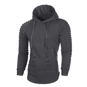 Slim fit dark gray hoodie with pleated sleeves and ripped distressed front details
