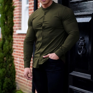 Close-up of slim fit olive green men's mandarin collar shirt with elastic fabric