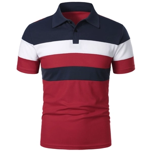 Men's polo shirt with red, white, and navy tricolor stripes and classic pique cotton texture