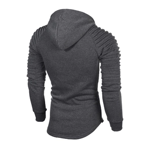 Detail view of men's dark grey slim fit hoodie with ribbed textured sleeves and curved hem