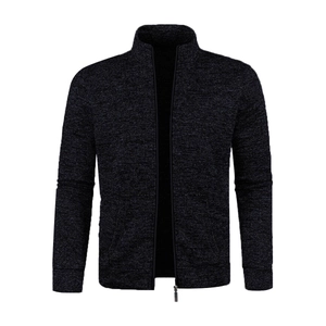 Men's slim fit dark grey knit cardigan sweater with full zipper and stand collar jacket