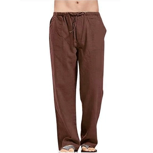 Men's loose fit linen trousers in dark brown featuring a drawstring waist and pockets