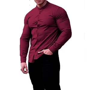 Detail of burgundy slim fit long sleeve shirt with mandarin collar and button closure