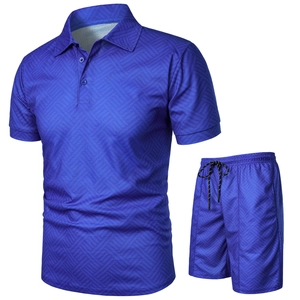 Detail of navy blue men polo shirt set showing 3D geometric texture and drawstring shorts
