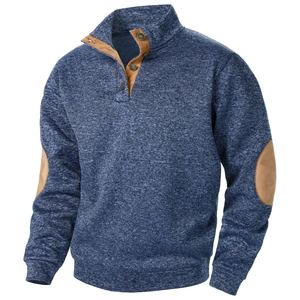 Detail view of men's navy marled knit sweater with brown faux suede elbow patches
