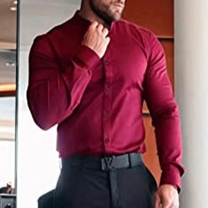 Detail of burgundy slim-fit mandarin collar shirt with dark buttons and long sleeves