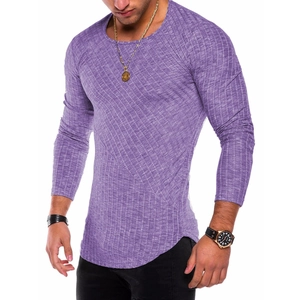 Detail shot of purple slim fit long sleeve shirt showing ribbed texture and curved hemline