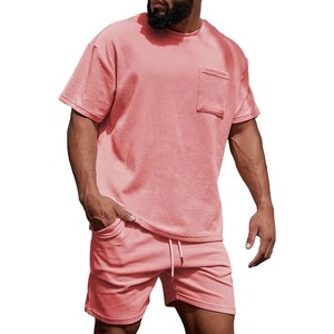 Men's Casual Corduroy Ribbed Two Piece Set Round Neck Short Sleeve T-Shirt And Drawstring Shorts Solid Color Loungewear Outfit