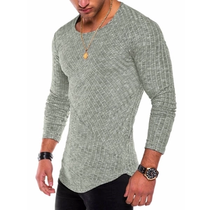 Detail of grey ribbed long sleeve T-shirt for men featuring a stylish curved hem design