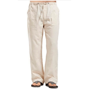 Close-up of drawstring elastic waistband and texture on beige linen casual pants